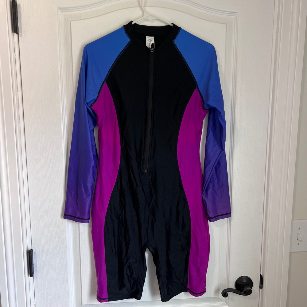 Halcurt Womens Long Sleeve Rash Guard Swimsuit Black Purple Blue Colorblock L